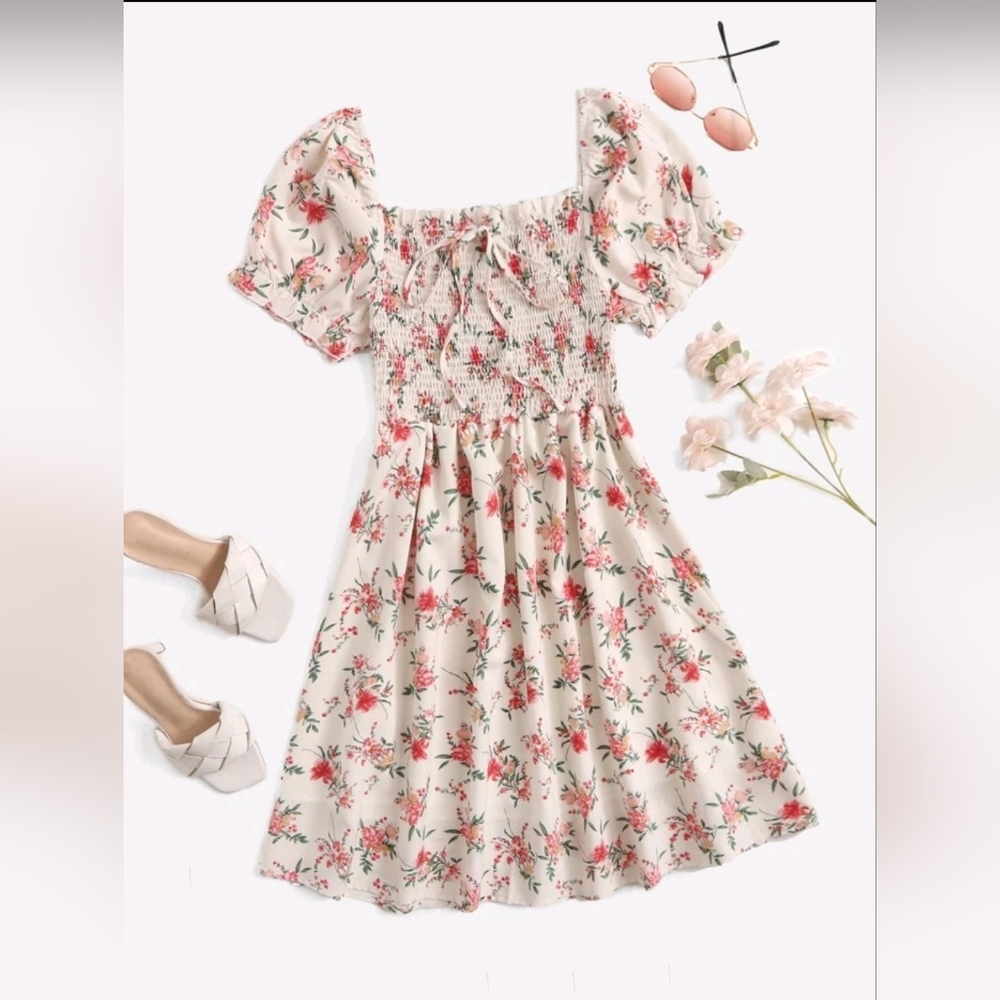 SHEIN - 3xl Floral Print Frilled Knot Front Shirred Puff Sleeve Chiffon Dress